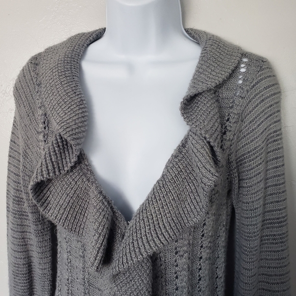 Grey Sweater Knit Long Sleeve Cardigan Draped Ruffle Girly Feminine Layering Top - Picture 2 of 8